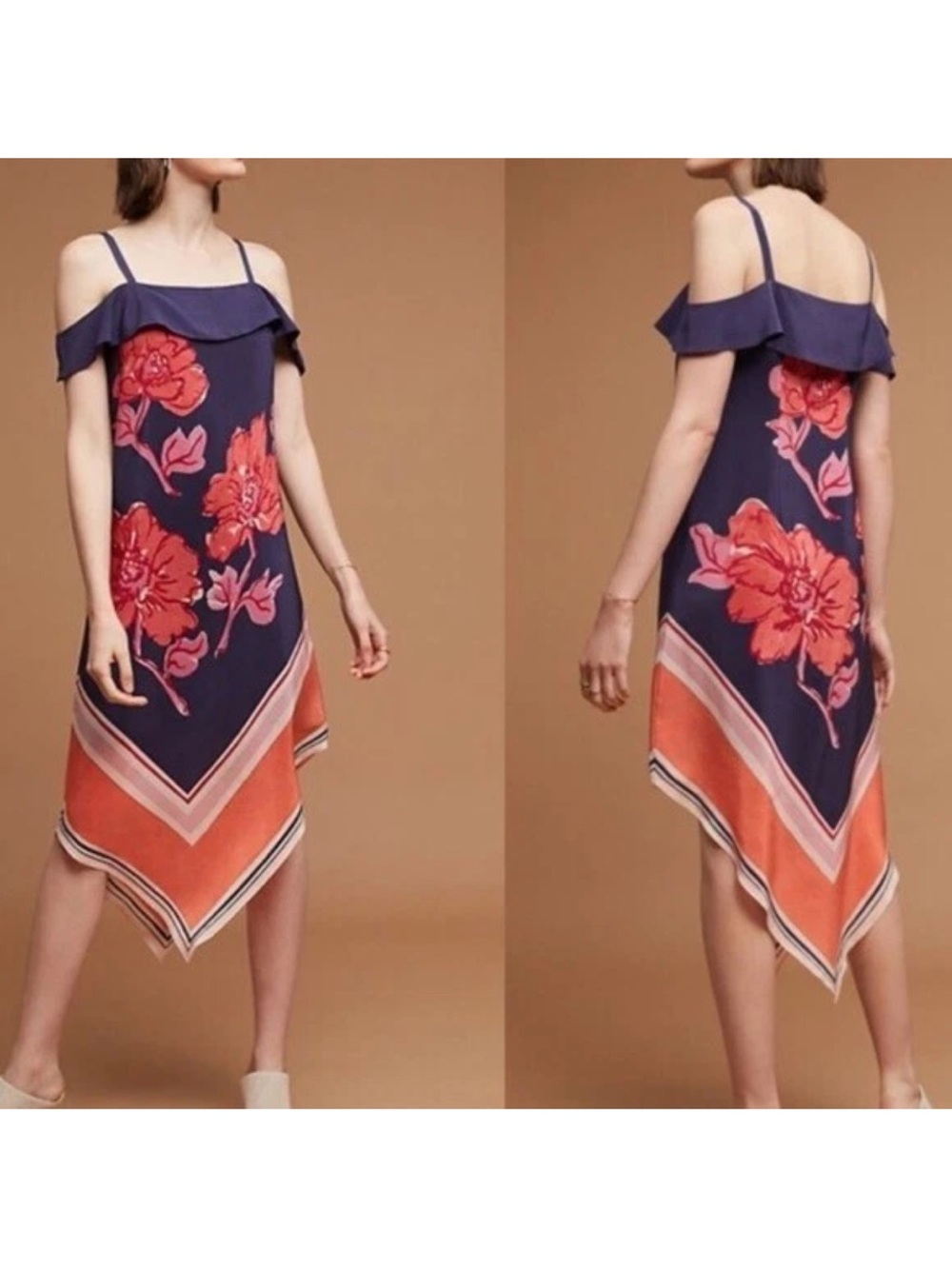 Off Shoulder Silk Navy Floral Handkerchief-Hem Dress